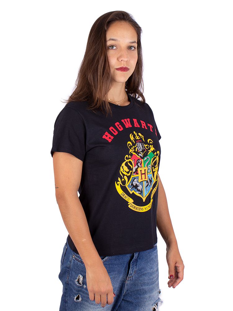 Camiseta Feminina Harry Potter Hogwarts Preta - Oficial - Art Rock ...