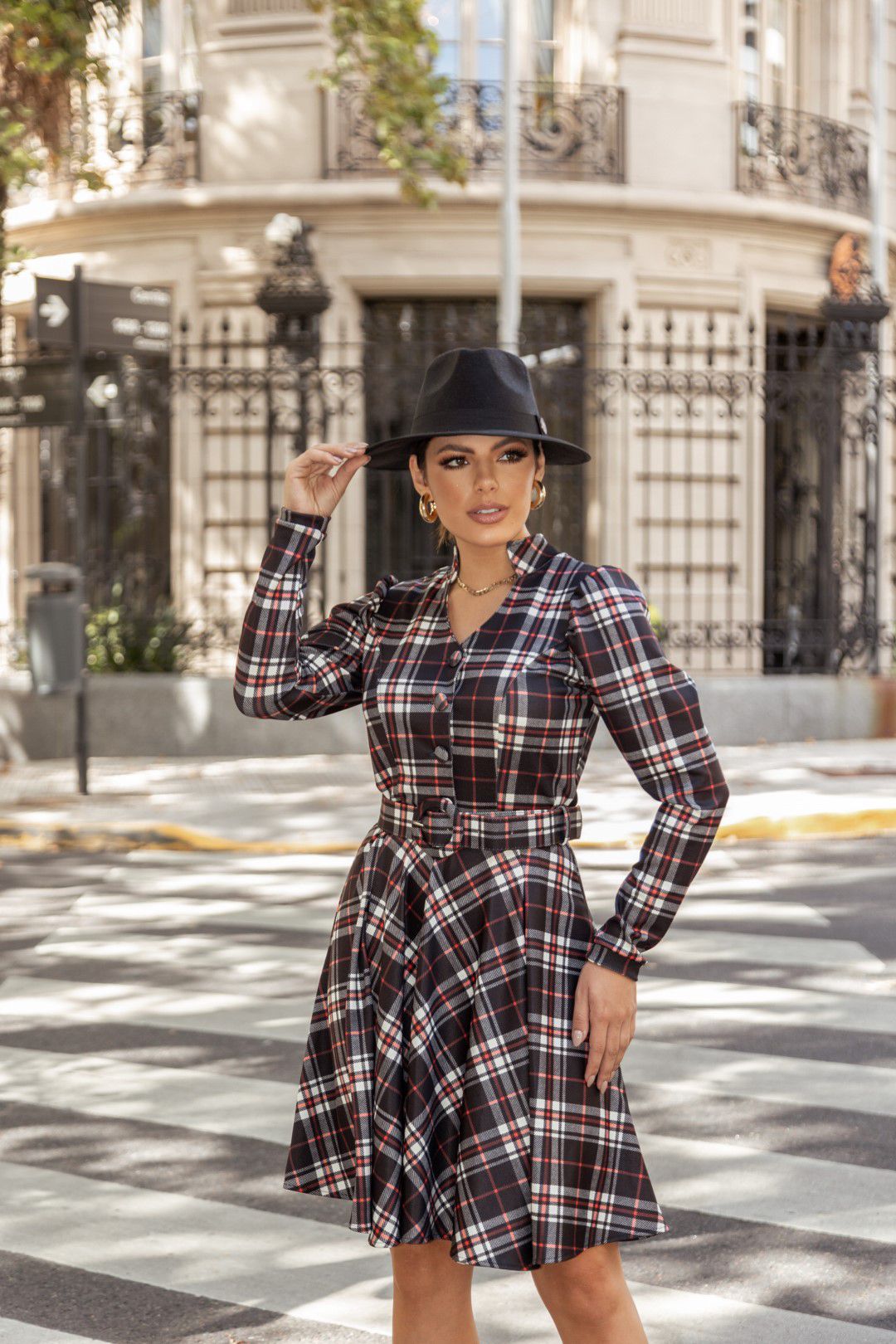 Vestido Xadrez Evasê Manga Longa Acompanha Cinto Maria Amore - Dellilu -  Moda Clássica e Executiva