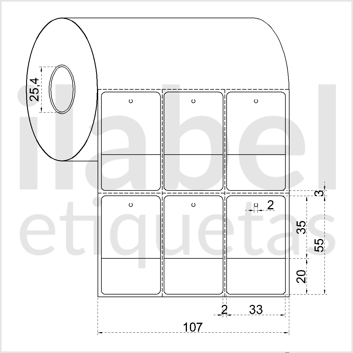 Etiqueta tag roupa adesiva 33x55mm 3,3x5,5cm (3 colunas) 1 corte