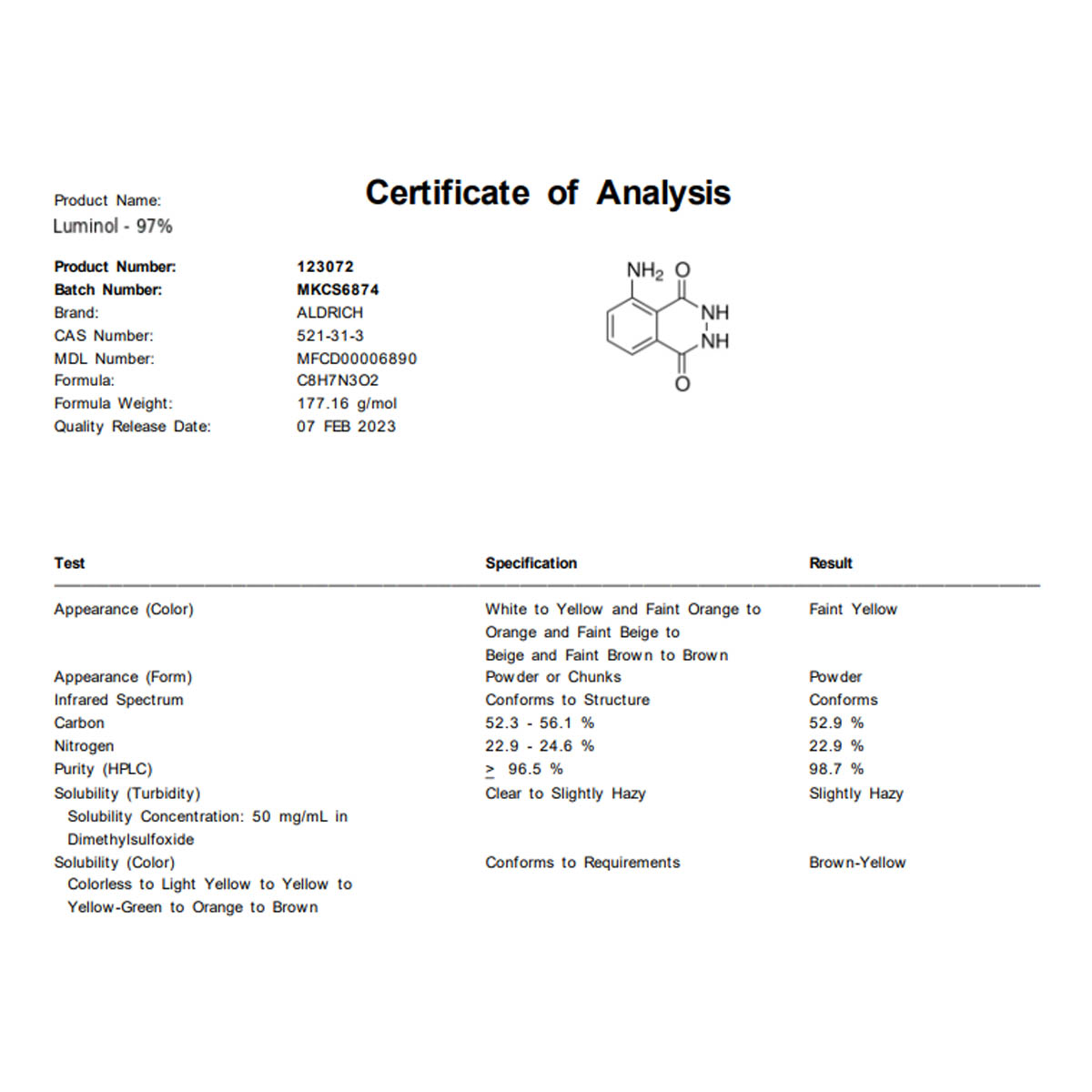 Luminol 97 5G CAS 521313 Sigma Laderquimica Laderquimica