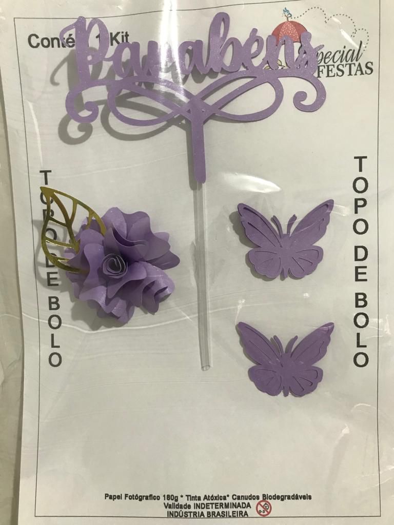 KIT DECORAÇÃO LILAS PEROLADO (TOPO + FLOR + BORBOLETAS) - PAPEL