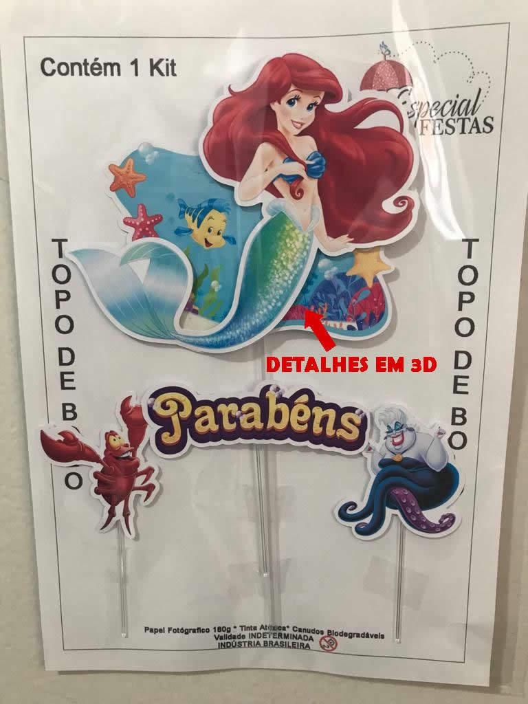 Topper de Bolo Sereia Princesa Ariel Topo Personalizado