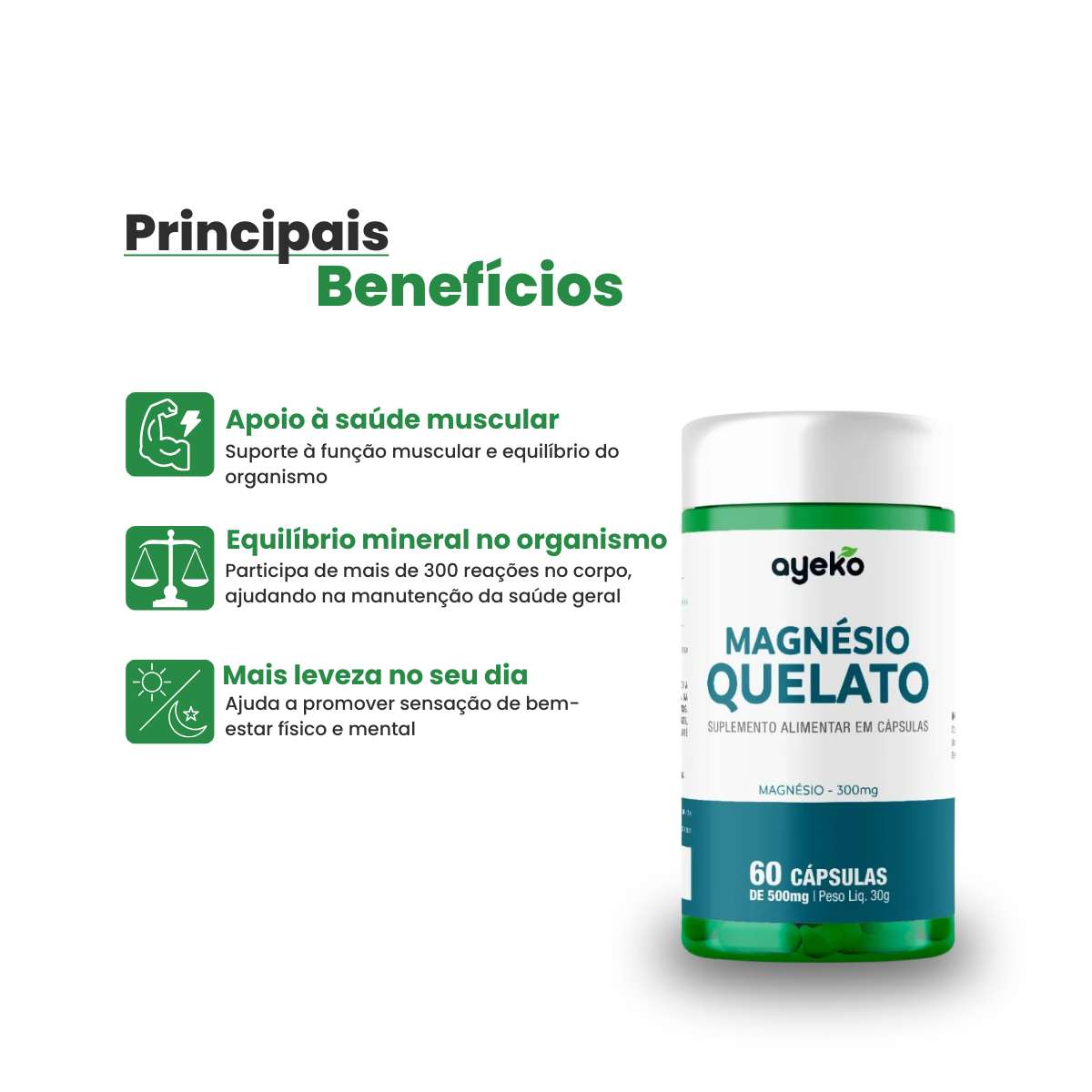 Magnésio Quelato Máxima Absorção 60 Cápsulas – Ayeko - Natukura