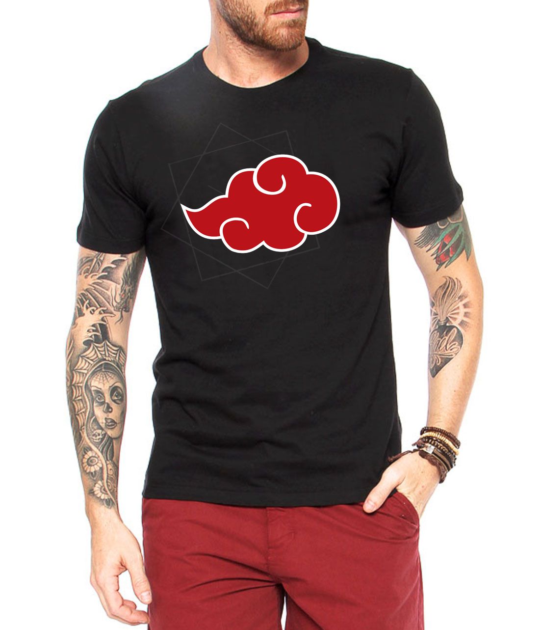 Camiseta Unissex Naruto Akatsuki Aldeias Nuvem Ombro a Ombro