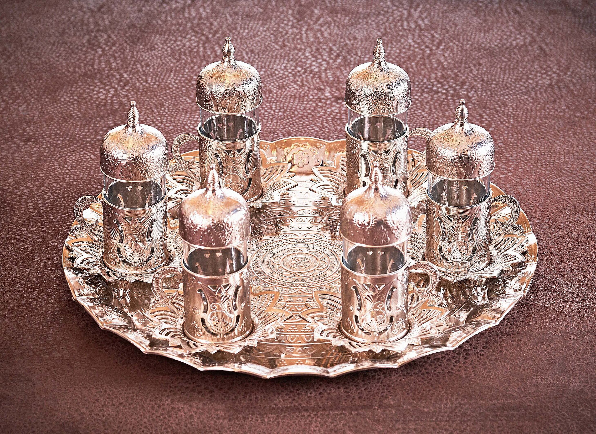 Conjunto 6 Copos de Chá Turco com Pires - Artesanato Turco - Decoração Turca  - Modelo Antara