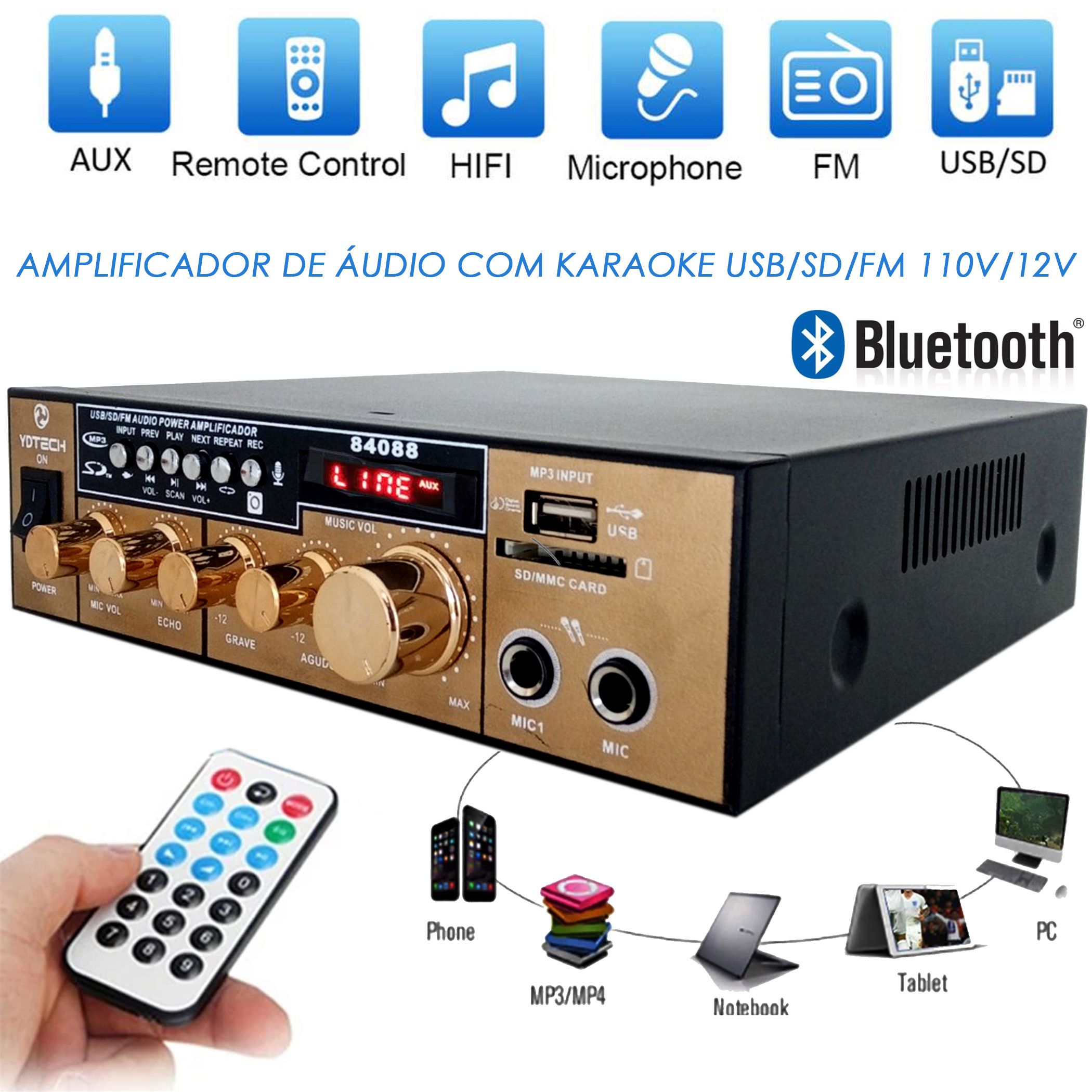 Amplificador de Som Receiver Ambiente Karaokê Áudio Stereo