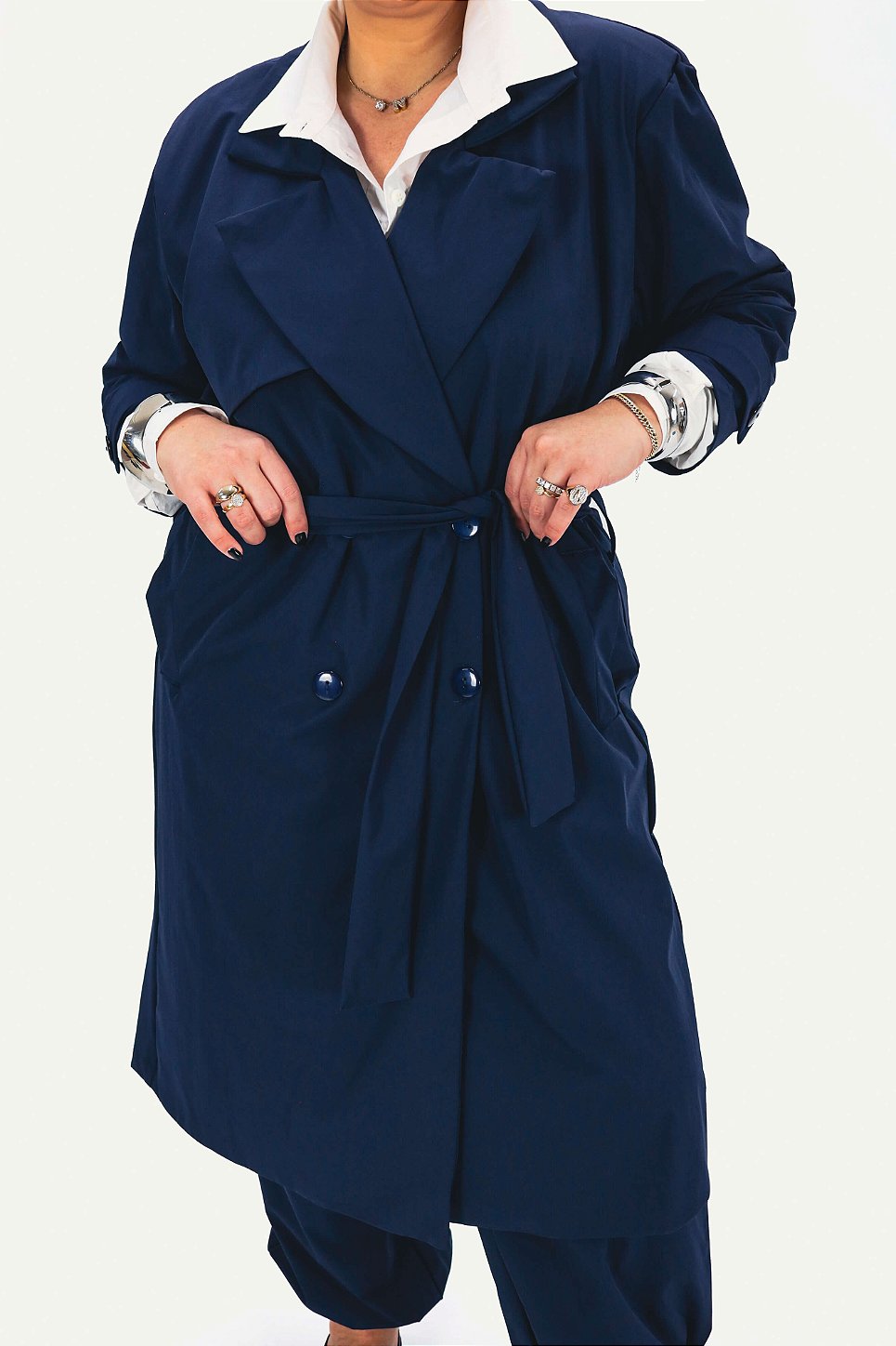 Trench Coat Chloe Longo Azul Marinho -Plus Size e All Size|Atelier
