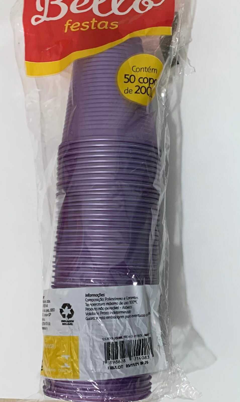 COPO DESCARTÁVEL 200 ml - ROXO PEROLADO - BELLOCOPO - Pacote com 50  unidades - Confetes Festas