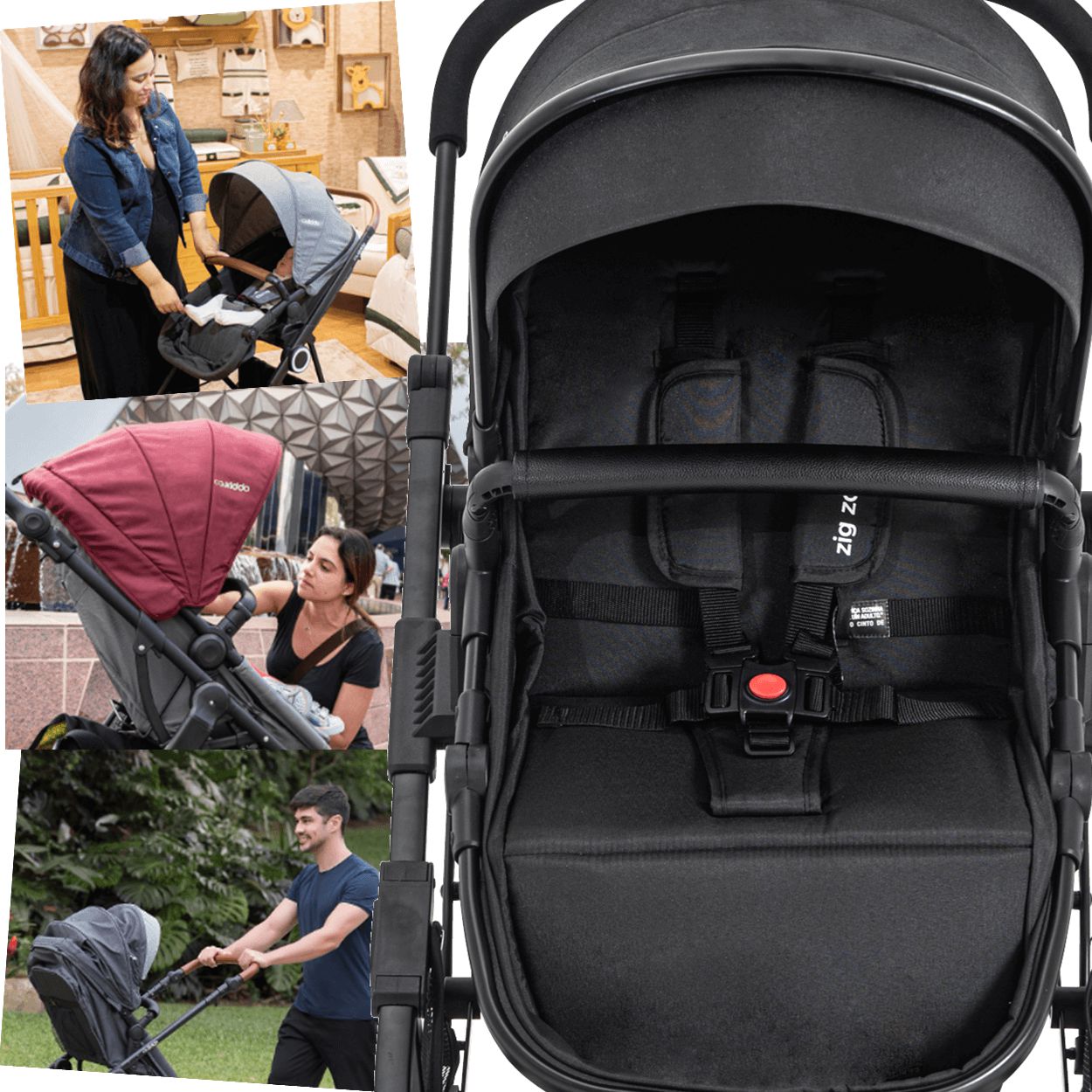 Carrinho de Bebe Moises Compacto Passeio Kiddo Zig Zag Preto