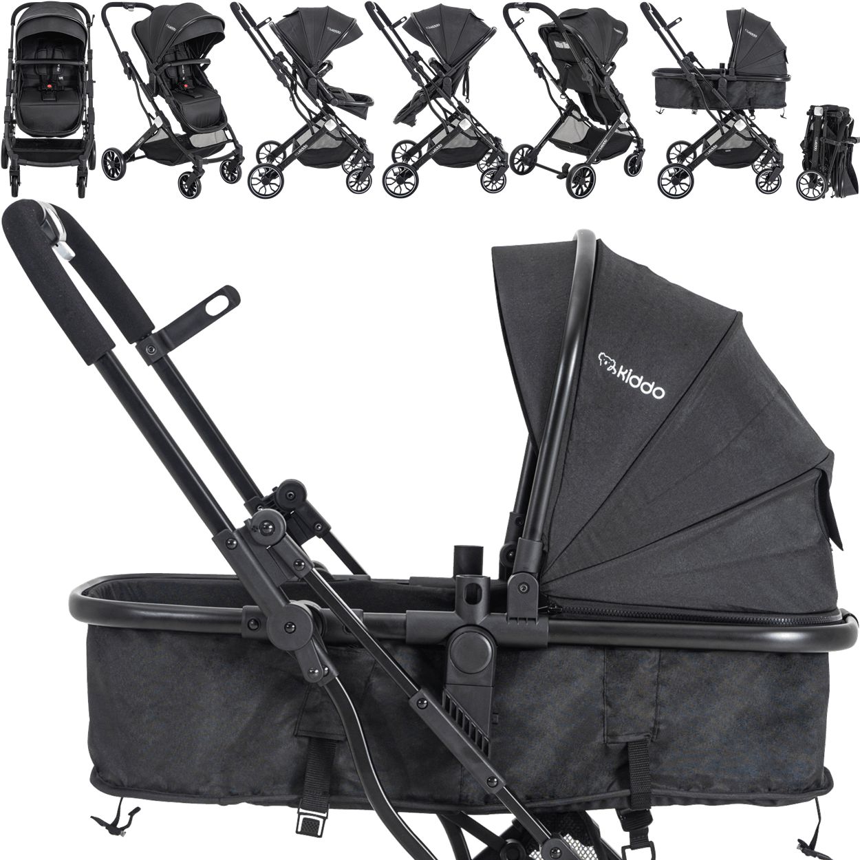 Carrinho de Bebe Moises Compacto Passeio Kiddo Zig Zag Preto