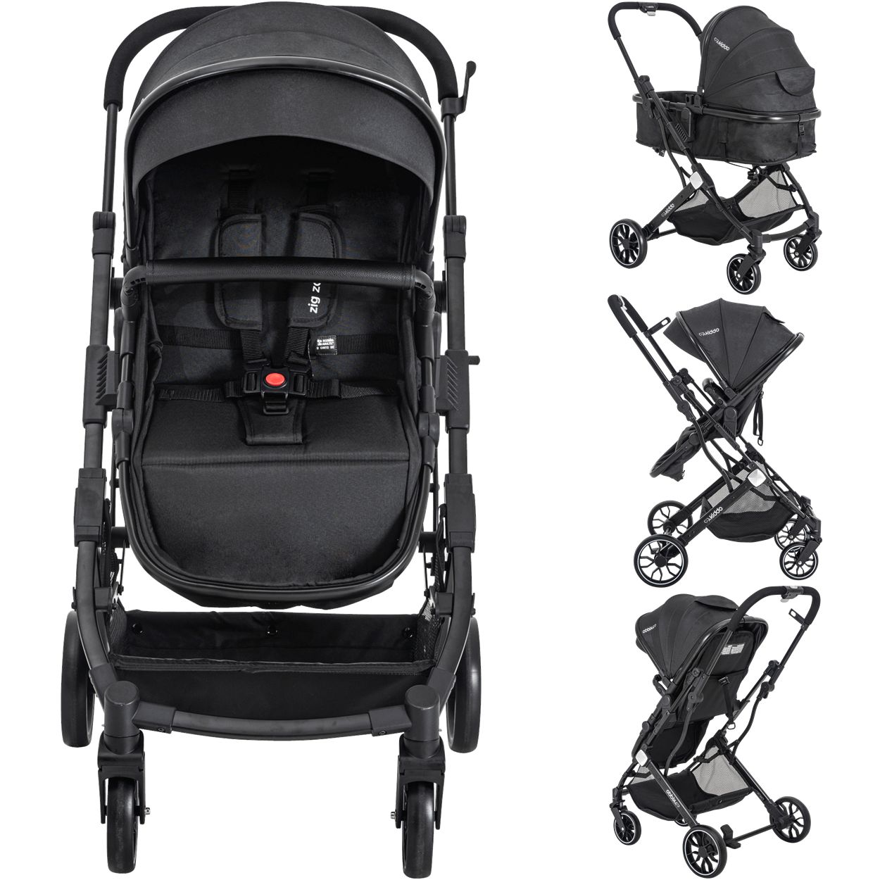Carrinho de Bebe com Bebe Conforto Base Kiddo Zig Zag Preto - Maçã