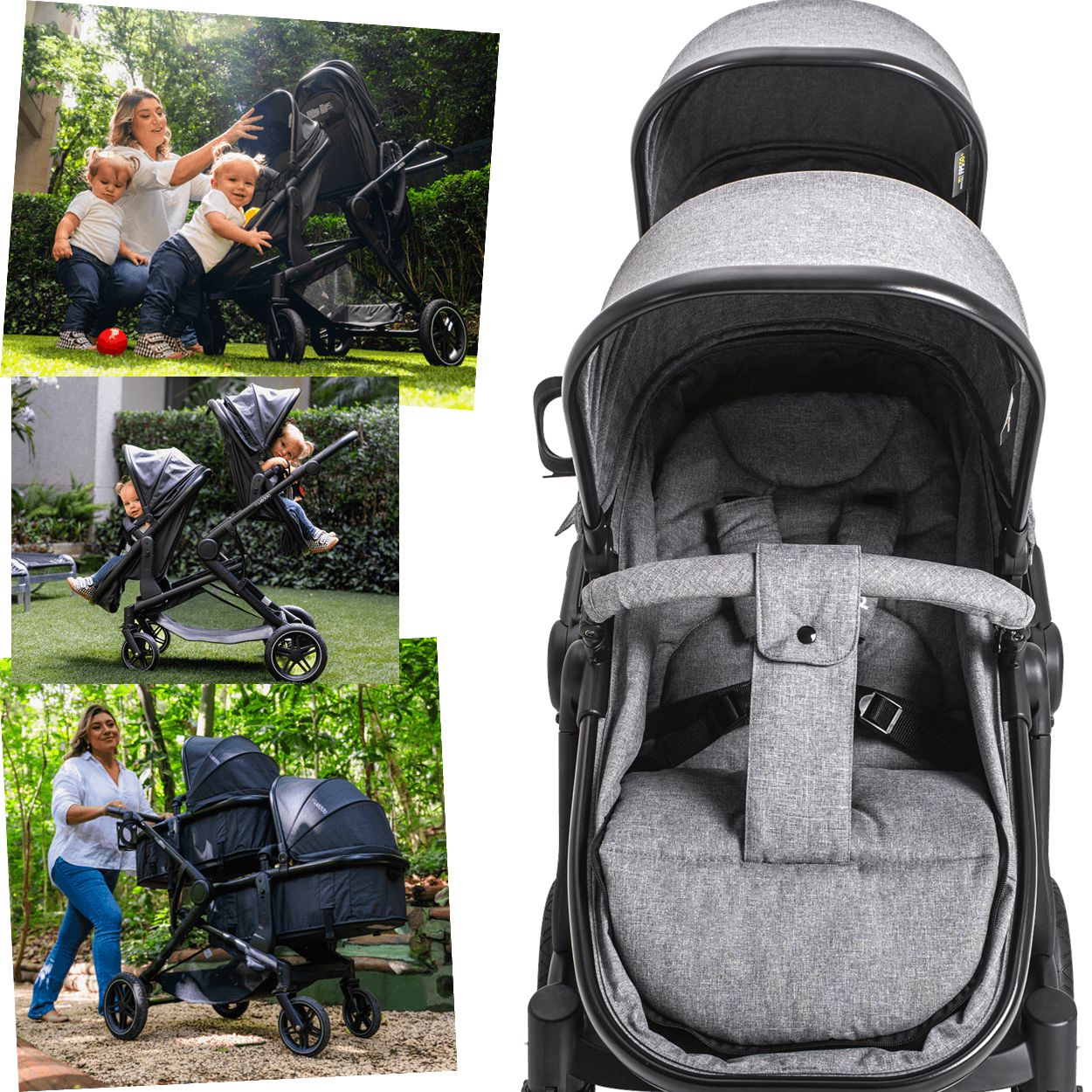 Carrinho para Gemeos com Bebe Conforto Base Kiddo Pair Cinza