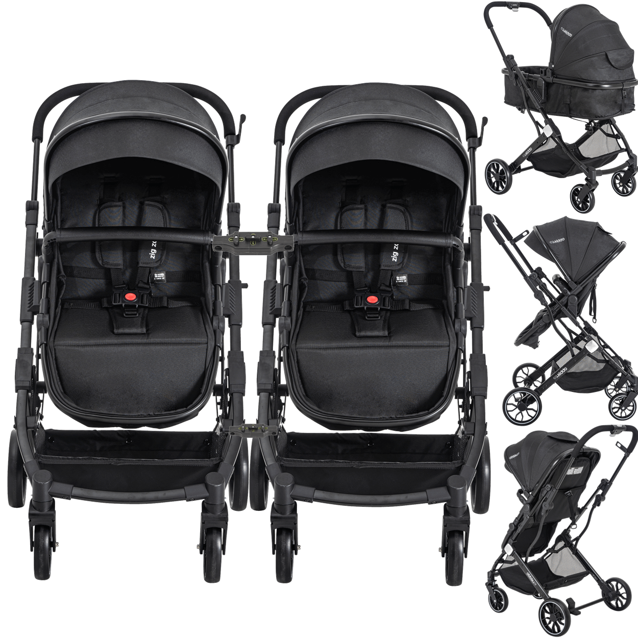 Carrinho Kiddo de Gemeos Bebe Conforto Base ISOFIX Zig Zag Preto