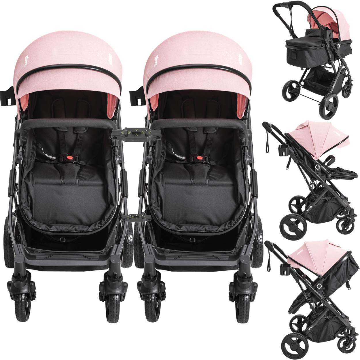 Carrinho Kiddo para Gemeos com 2 Bebe Conforto Vox II Rosa - Maçã