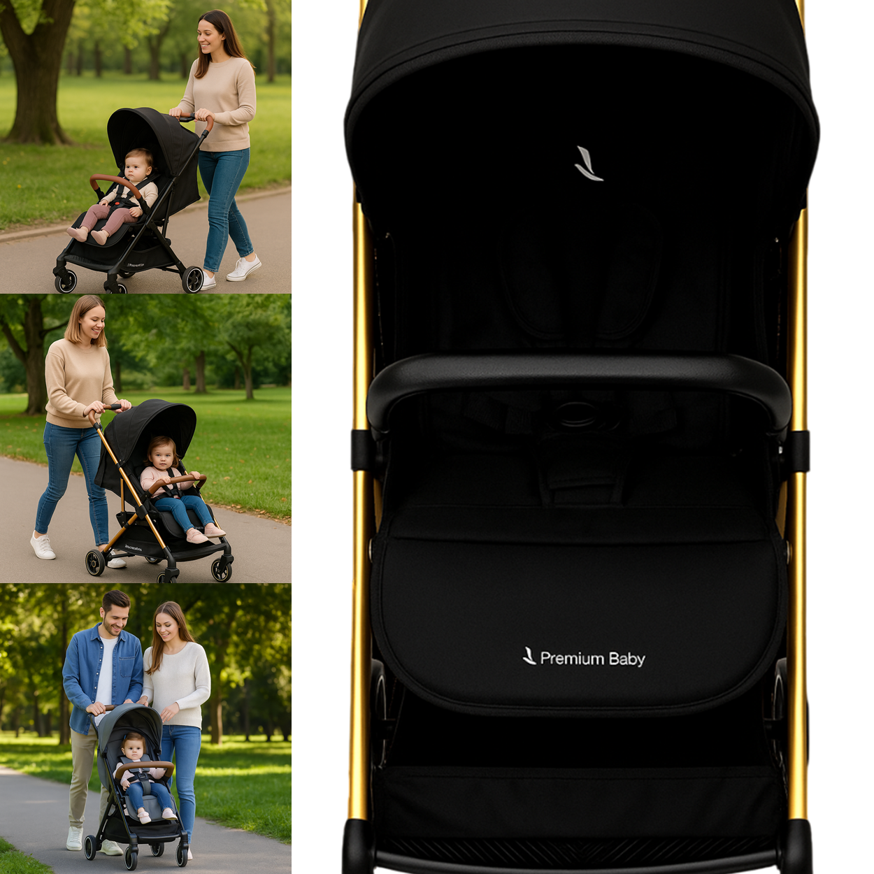 『HAMI VEN 6108 GOLD×BLACK』 Carrinho de Bebê Premium Baby Zurich Black Gold Couro Preto - Maçã