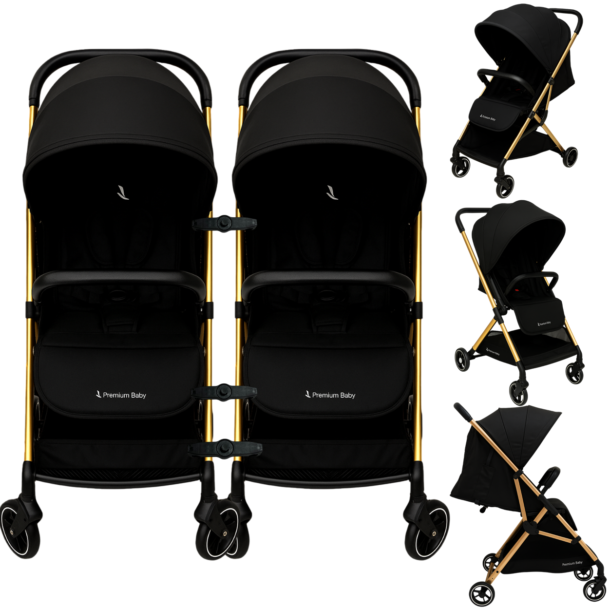 Carrinho de Bebê Gêmeos Premium Baby Zurich Black Gold Couro Preto