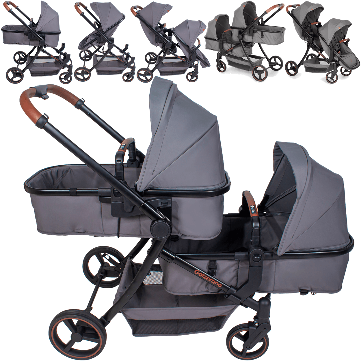Carrinho de Bebê Gêmeos com 2 Bebê Conforto Galzerano Nix Duo