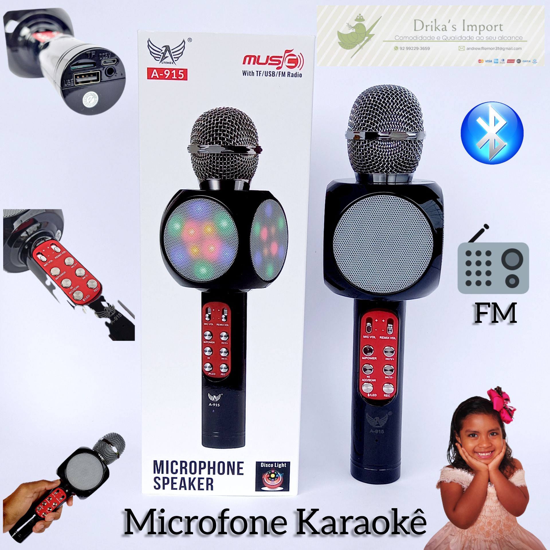 Microfone Karaokê Bluetooth/Muda Voz/Rádio FM - Drika's Import