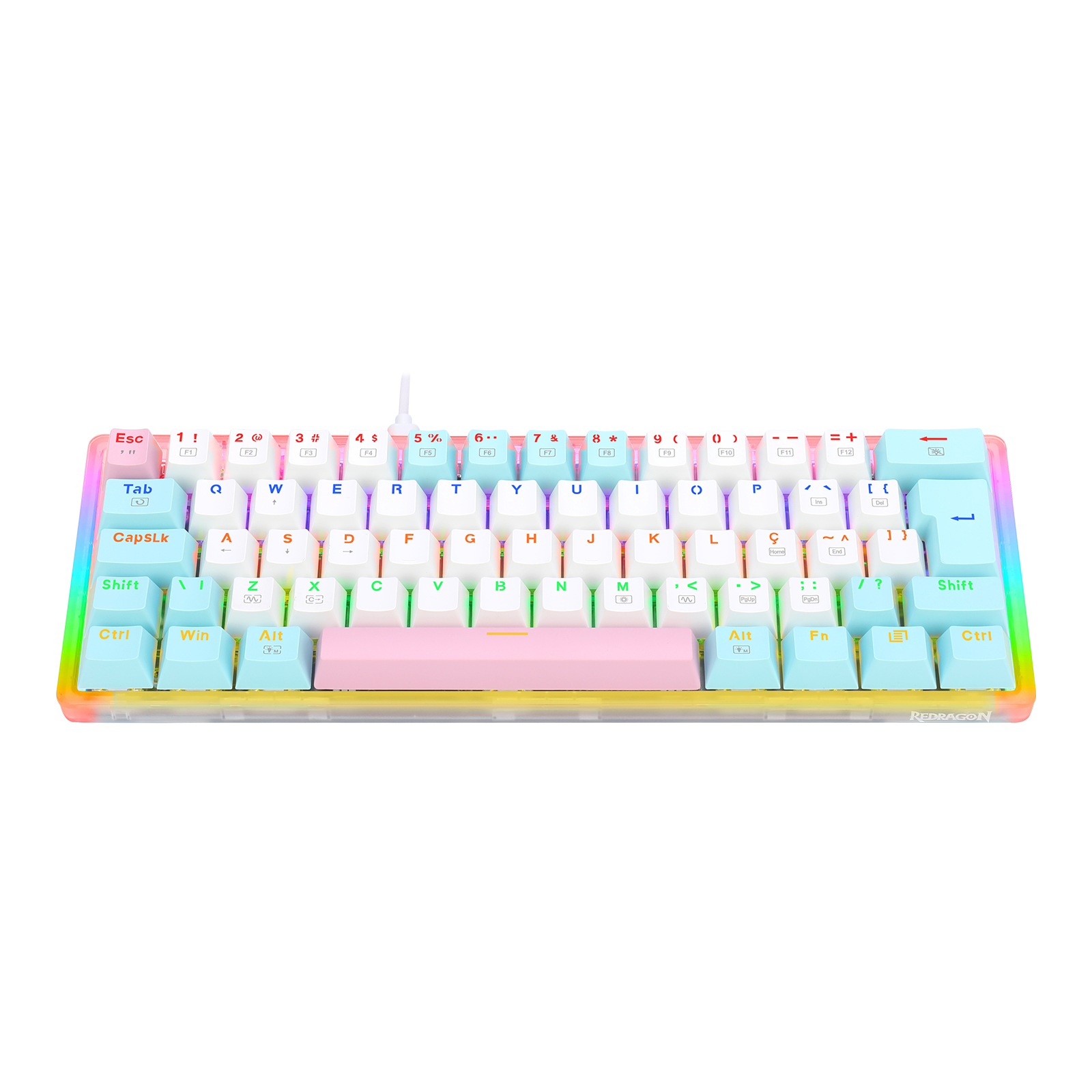 TECLADO MECÂNICO GAMER AKALI KEYCAPS ROSA, BRANCO E AZUL RAINBOW