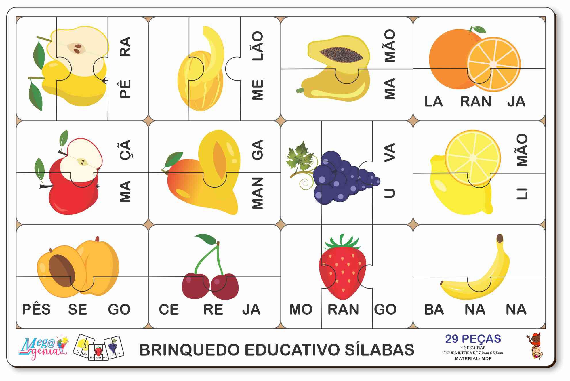 Quebra-Cabeça Silábico Frutas - Jogo para Alfabetização em Madeira