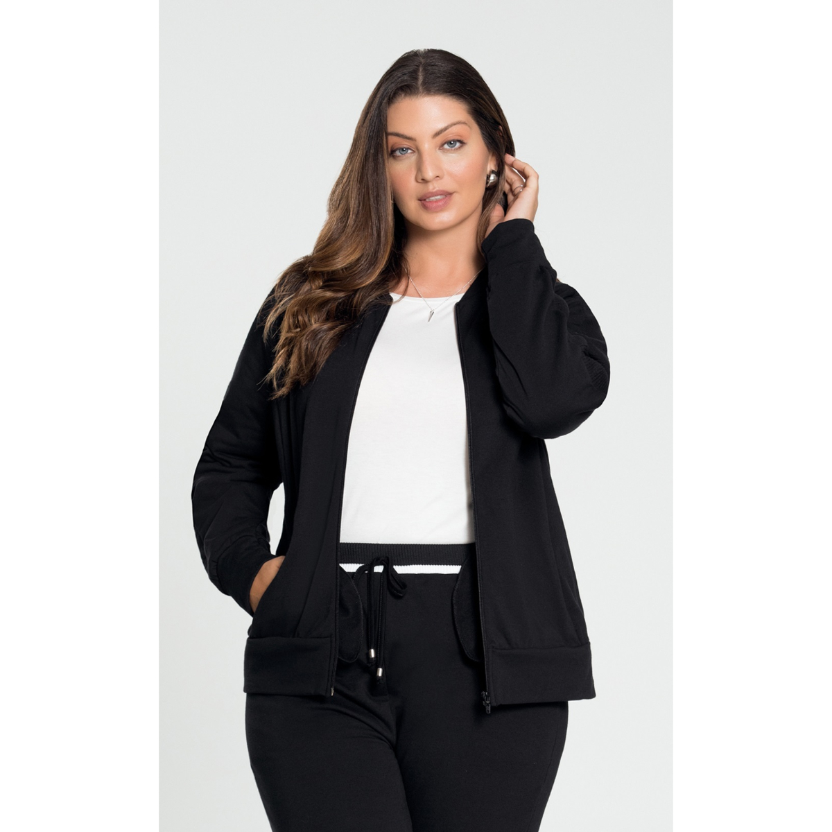 Lunender Jaqueta Preta Feminina Com Capuz Conjunto Moletom - Main Image
