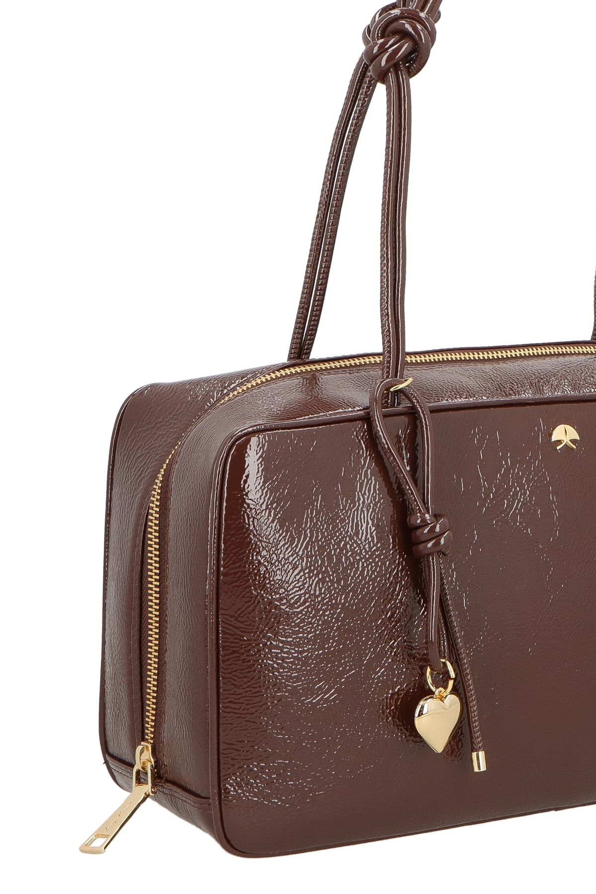 Bolsa Feminina Verniz Coração Enfeite Ziper Alça Nós Luiza