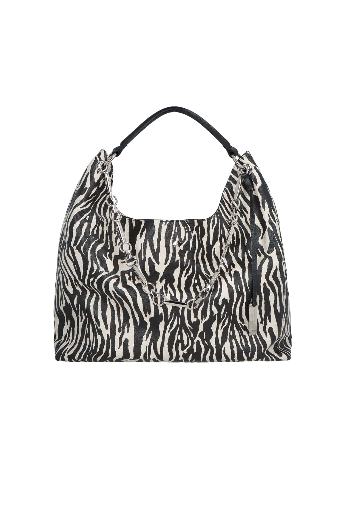 Bolsa Tote Grande Animal Print Zebra Couro Corrente Tag Thassia