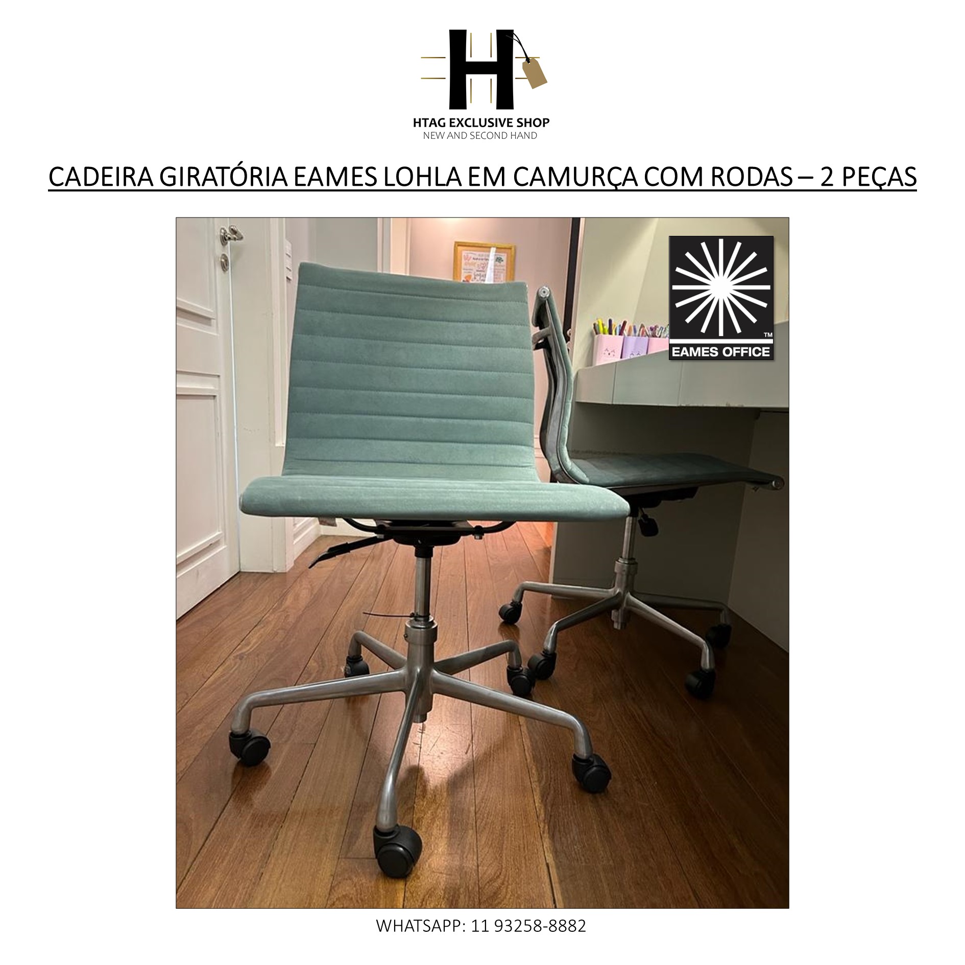 CADEIRA GIRATÓRIA EAMES LOHLA COM RODAS EM CAMURÇA VERDE - HTAG EXCLUSIVE  SHOP - New & Second Hand
