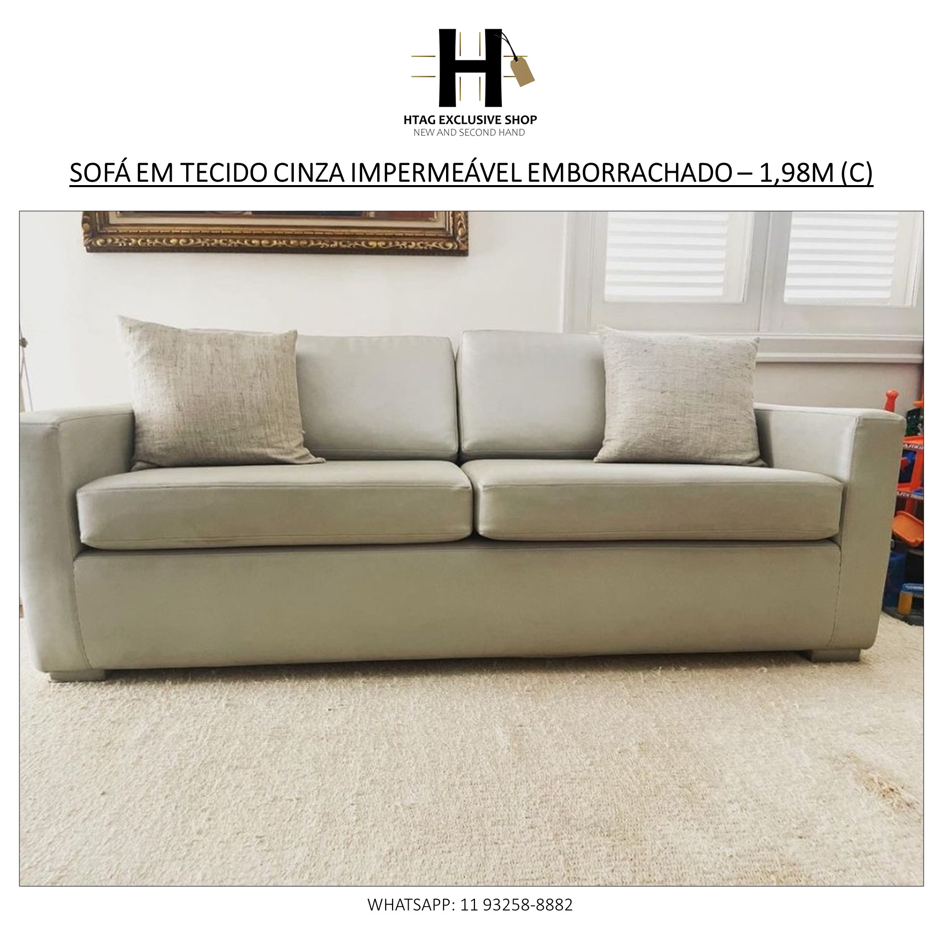 SOFÁ EM TECIDO CINZA IMPERMEÁVEL EMBORRACHADO – 1,98M (C SOFÁ EM TECIDO CINZA IMPERMEÁVEL EMBORRACHADO – 1,98M (C