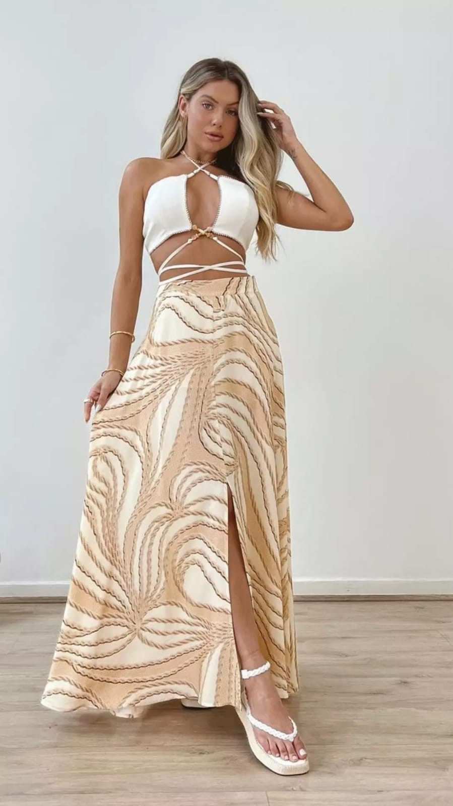 Saia longa cheap estampada com cropped