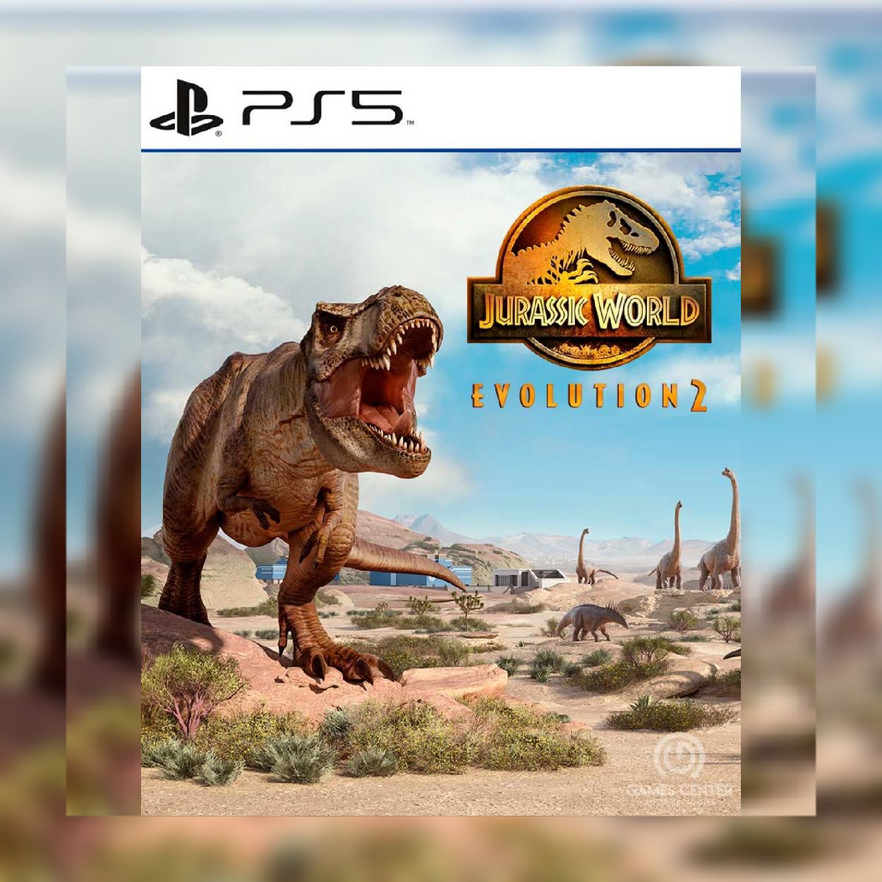 Um dinossauro jogando um jogo com um controle que diz 'mundo jurássico