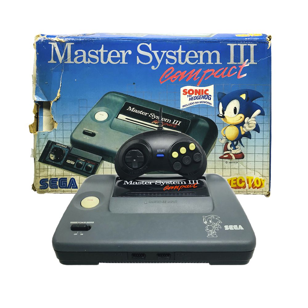 um video game antigo master sistem3 c/sonic 