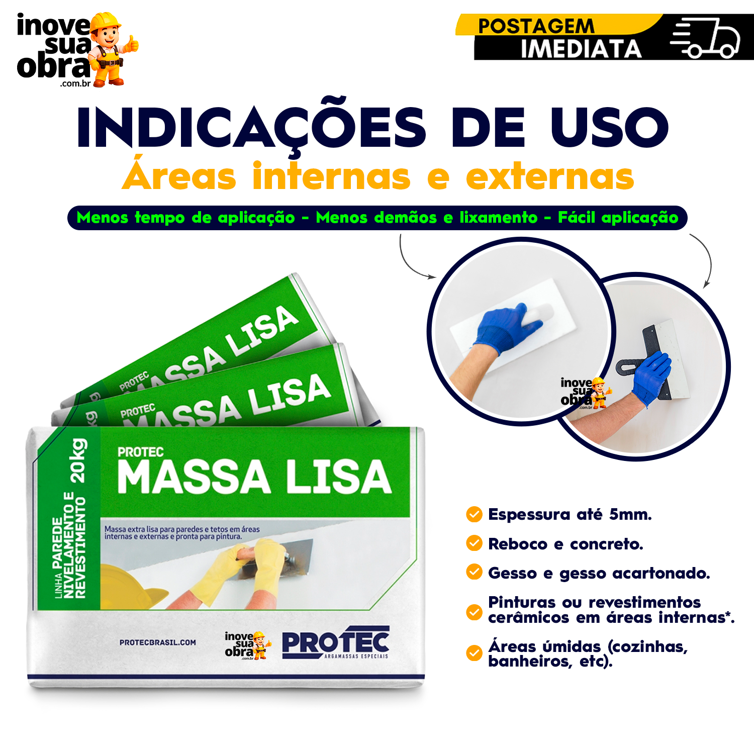 MASSA LISA BRANCA 20KG - PROTEC - Inove Sua Obra