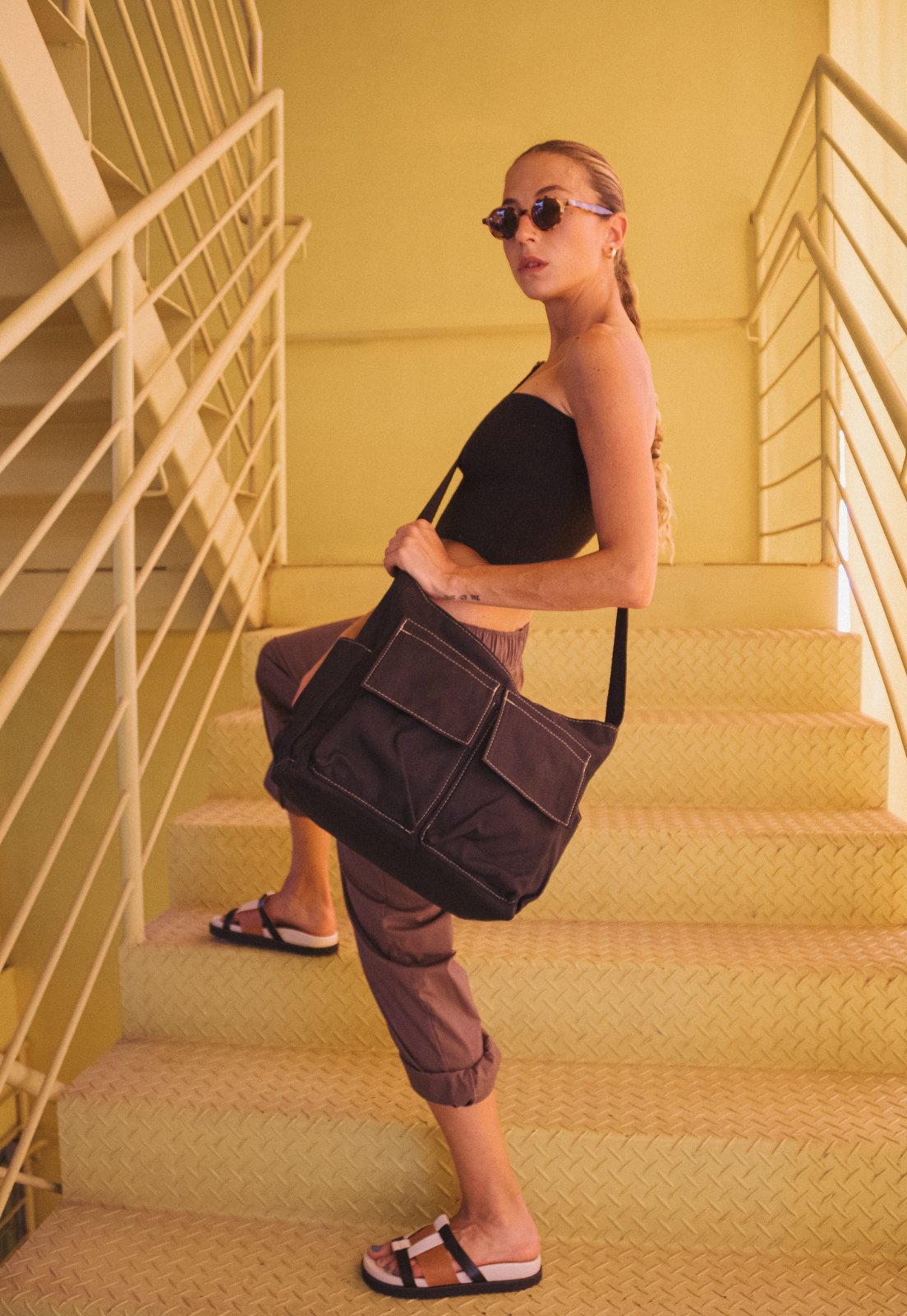 Lenna's Bolsa Tote Bag Tiracolo de Lona Tamanho Grande Preta A023