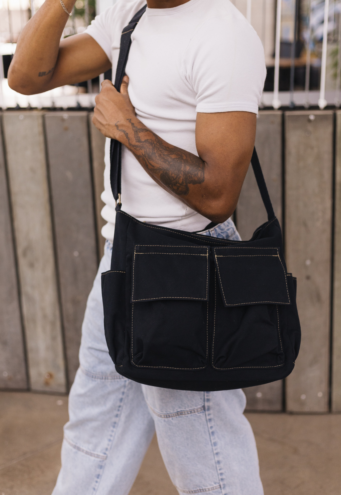Lenna's Bolsa Tote Bag Tiracolo de Lona Tamanho Grande Preta A023