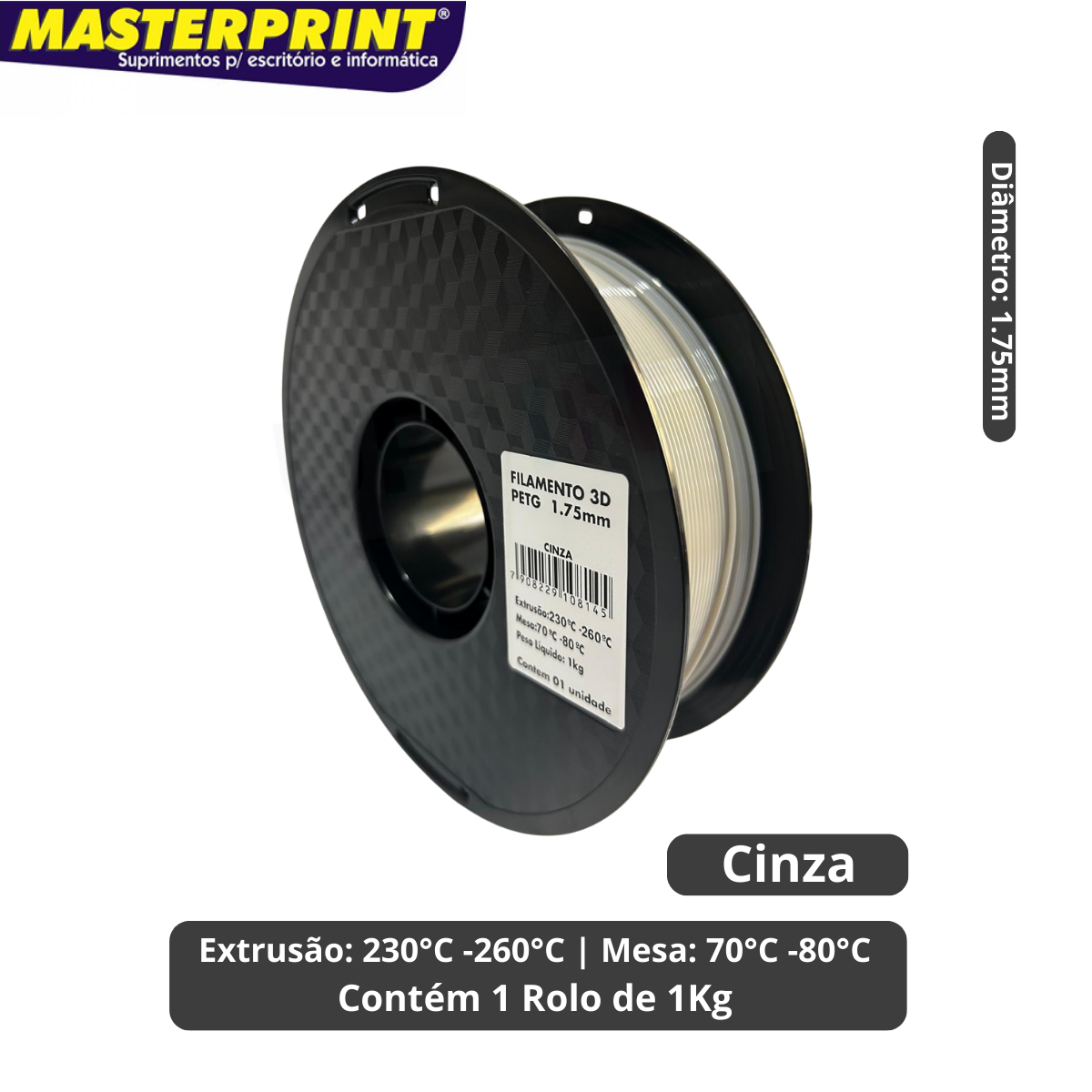 Filamento 3D - PETG Cinza - Rolo 1KG (1.75mm) - Prime UP Online - Tinta ...
