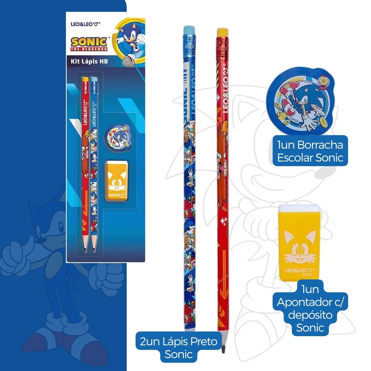 Kit Escolar Sonic 4 Peças com Lápis Preto Borracha Apontador
