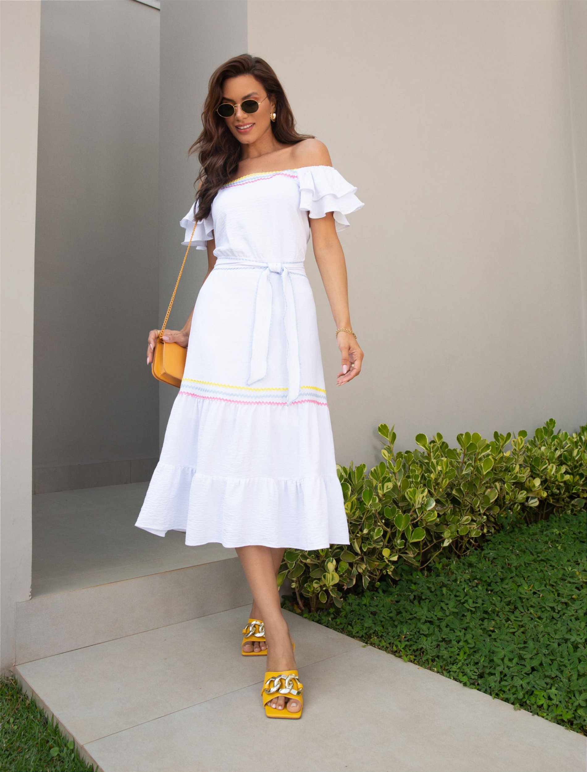 Vestido Midi Branco Ombro a Ombro Melaine - Via Sampa - Roupa