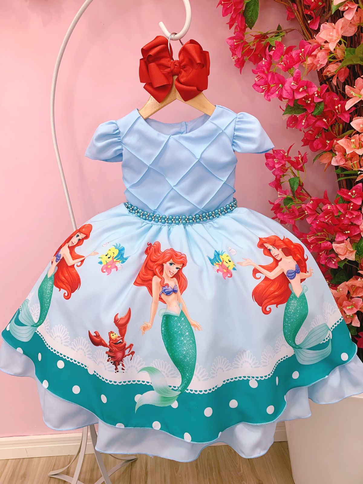 Vestido Infantil Princesa Sereia Ariel Azul Cinto Pérolas - Rosa Charmosa