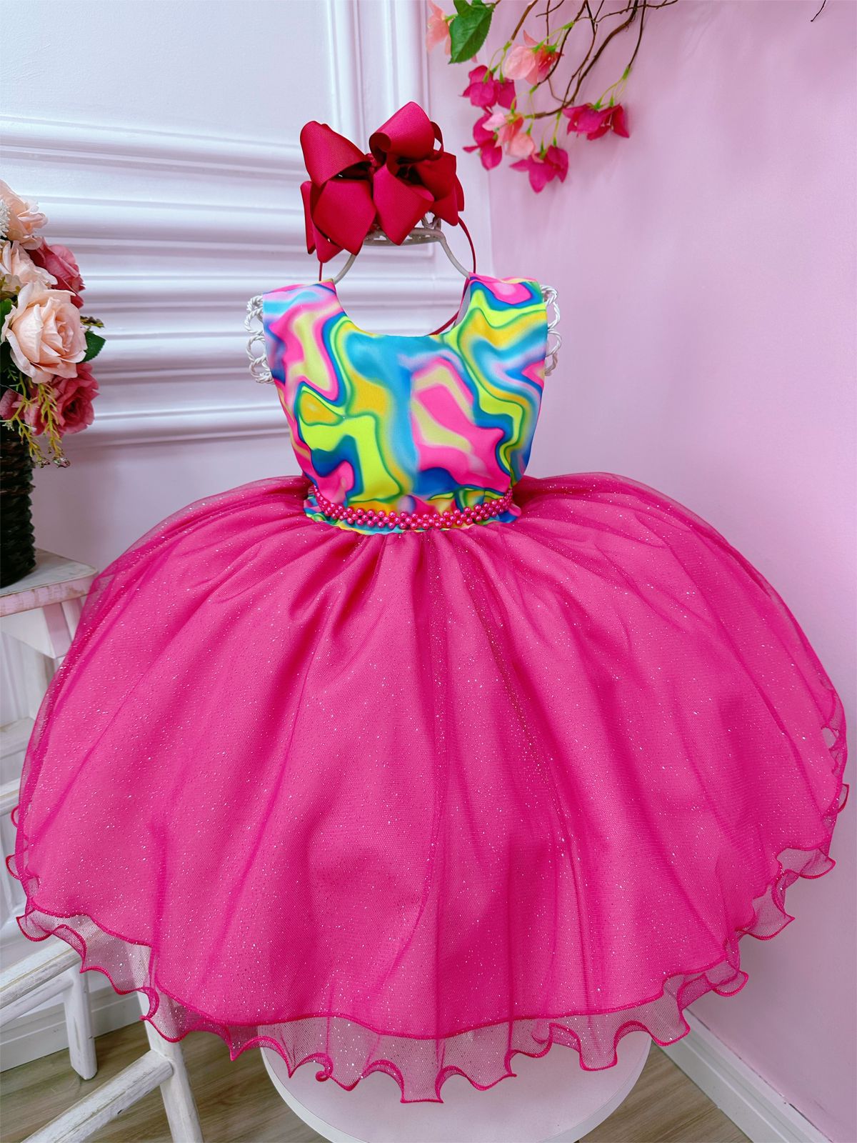 Vestido infantil Barbie Pink Babados Glitter Brilho luxo