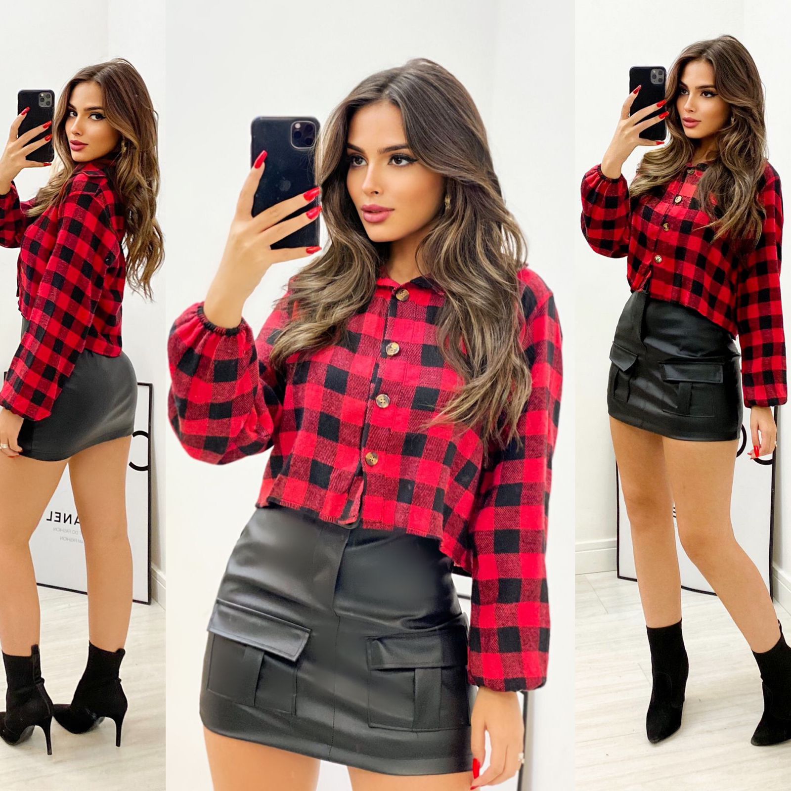 Camisa Cropped Xadrez Luxo Vermelha Dondoca Moda Feminina