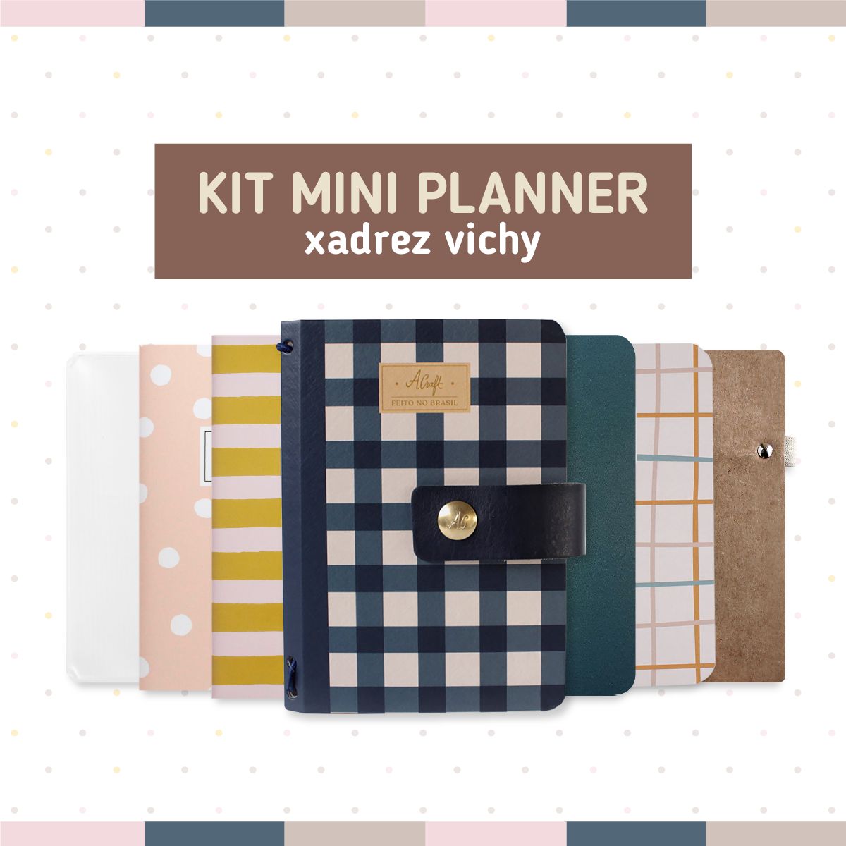 Kit Mini Planner Capa Dura Xadrez Vichy Azul Marinho - Fancy Goods