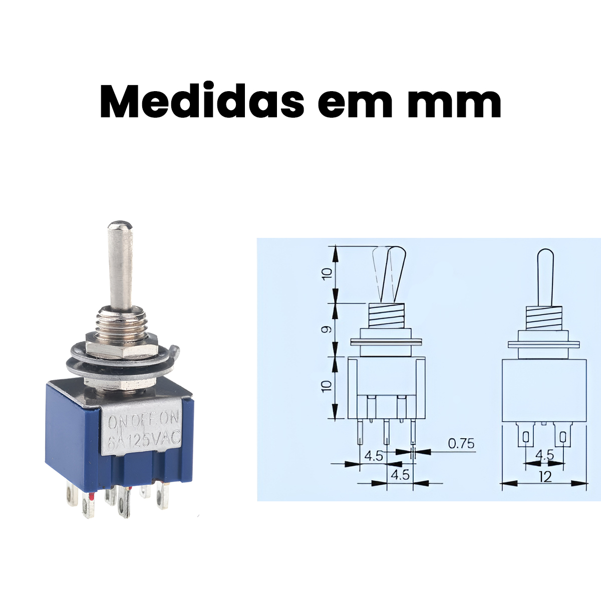 Mini Chave Toggle DPDT 6 Pinos ON-OFF-ON Azul 6A 125V | Luthieria