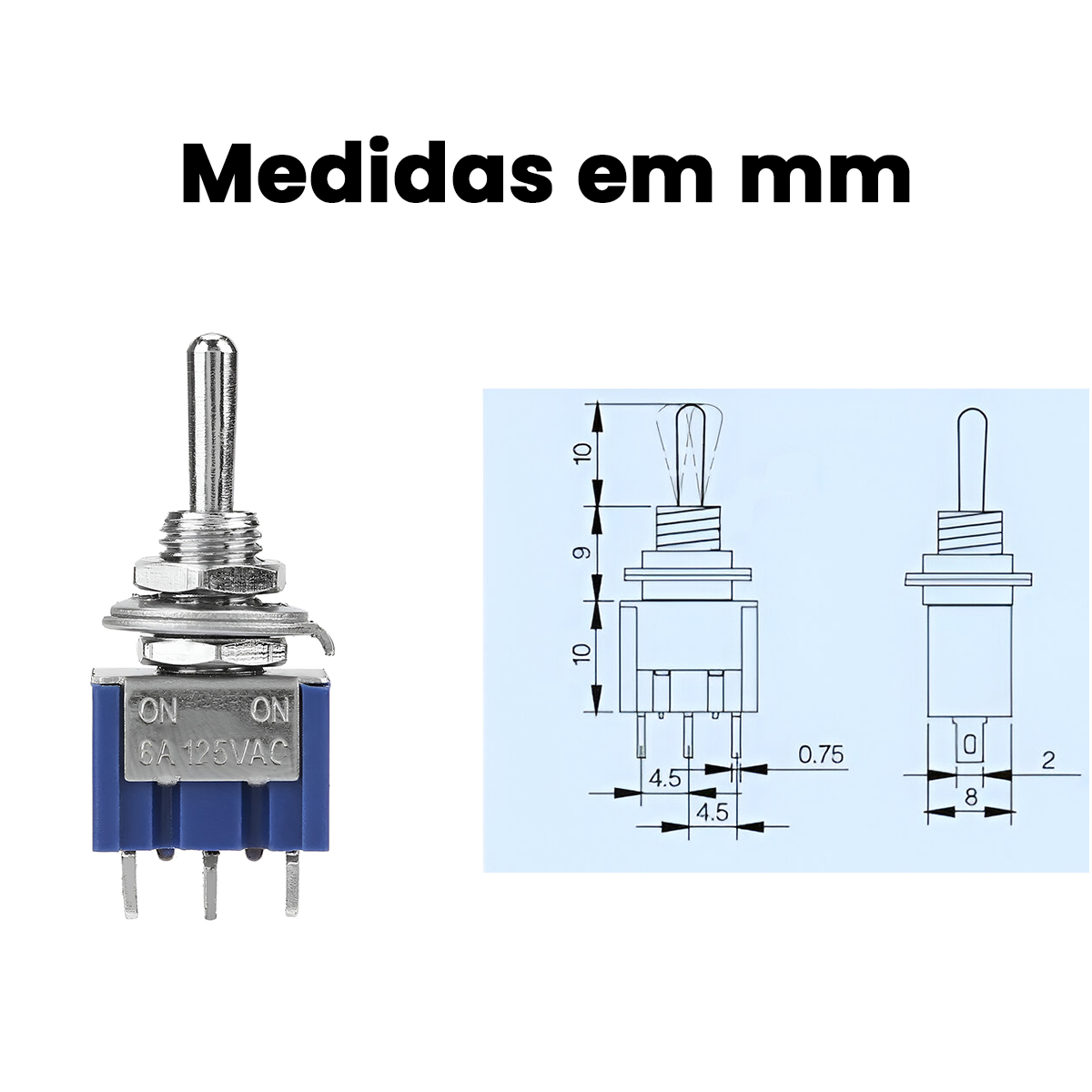 Mini Chave Toggle SPDT ON-ON 3 Pinos 6A 125V Azul | Luthieria