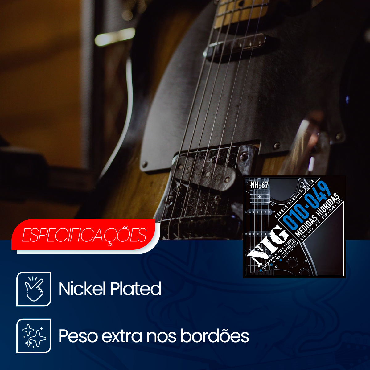 Encordoamento Para Guitarra 010 Híbrido Niquel Nig NH-67 | Cordas
