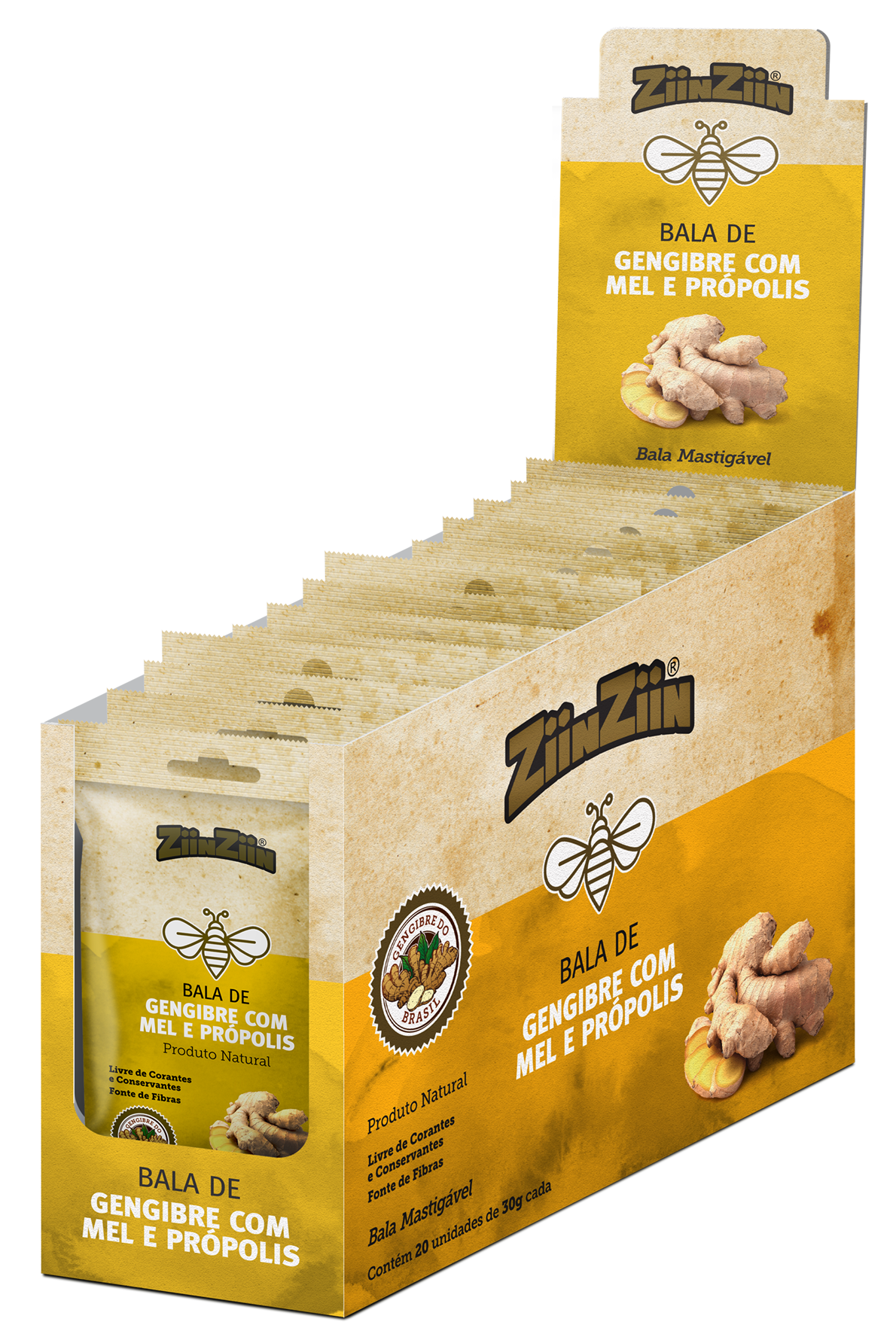 DISPLAY BALA DE GENGIBRE MASTIGÁVEL - (Contém 20 Pacotinhos de 30g cada)