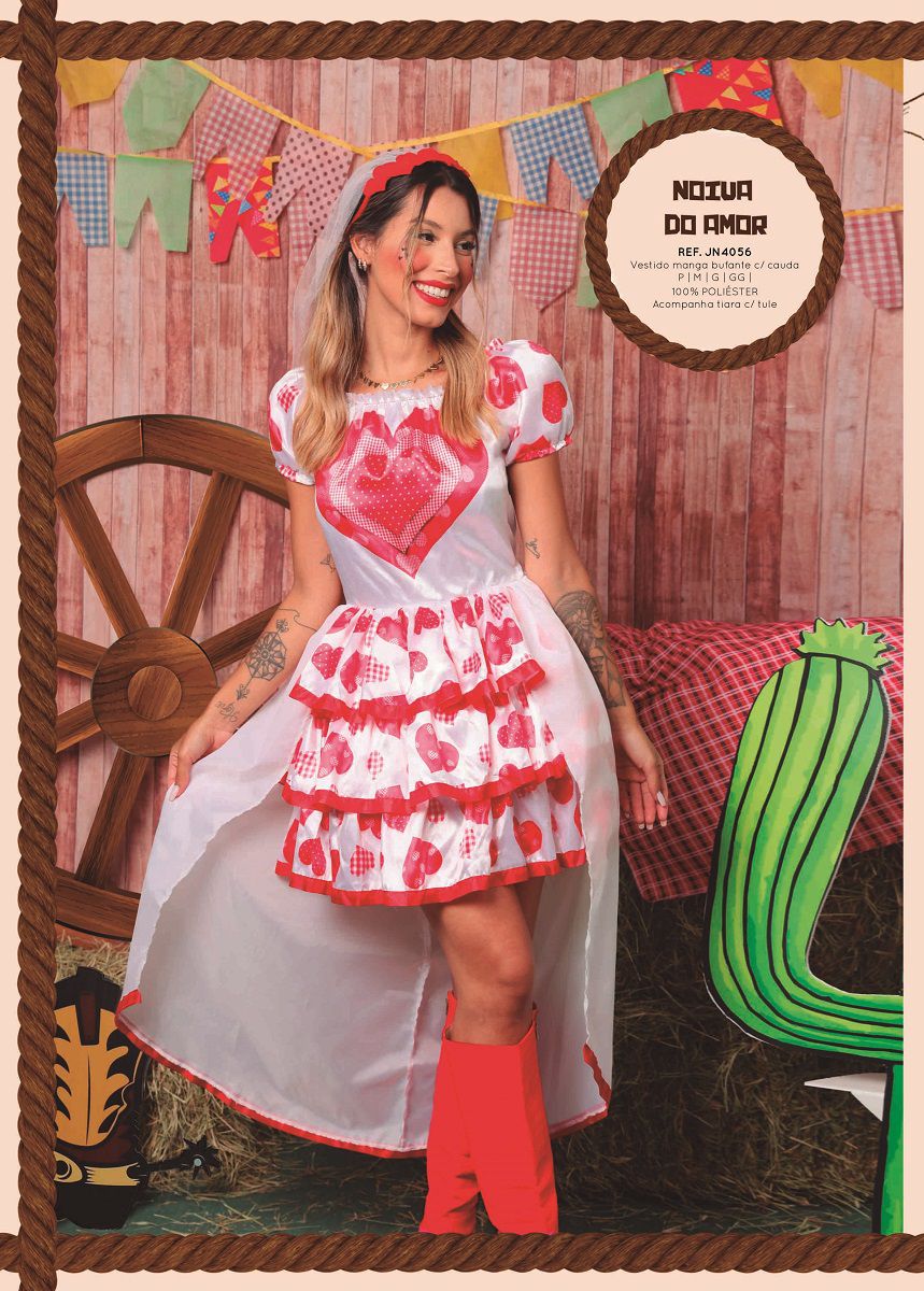 Vestido Noiva Junino Adulto Caipira de Quadrilha + Tiara Véu 7 Artes