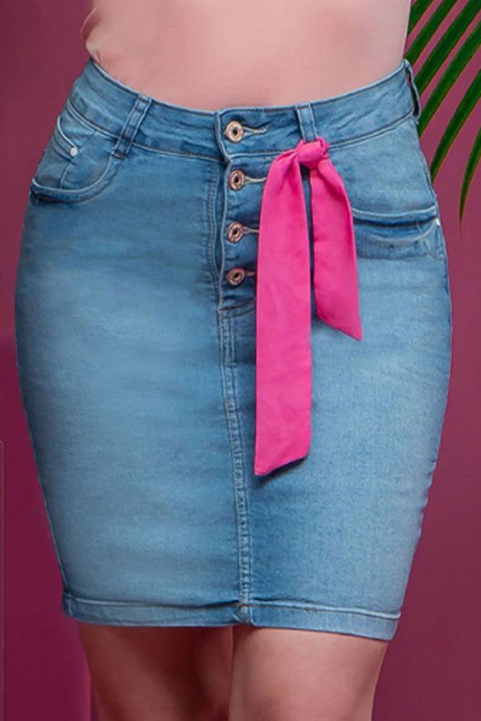 Saia Jeans Claro Com Faixa Rosa MIX NATIVA ADvestir Moda Evangélica