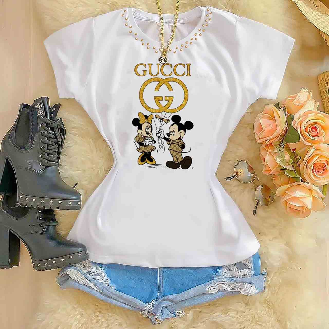 Tshirts Feminina Poliester COM PEROLA Mickey e Minnie Gucci Glitter Fenix Tshirts