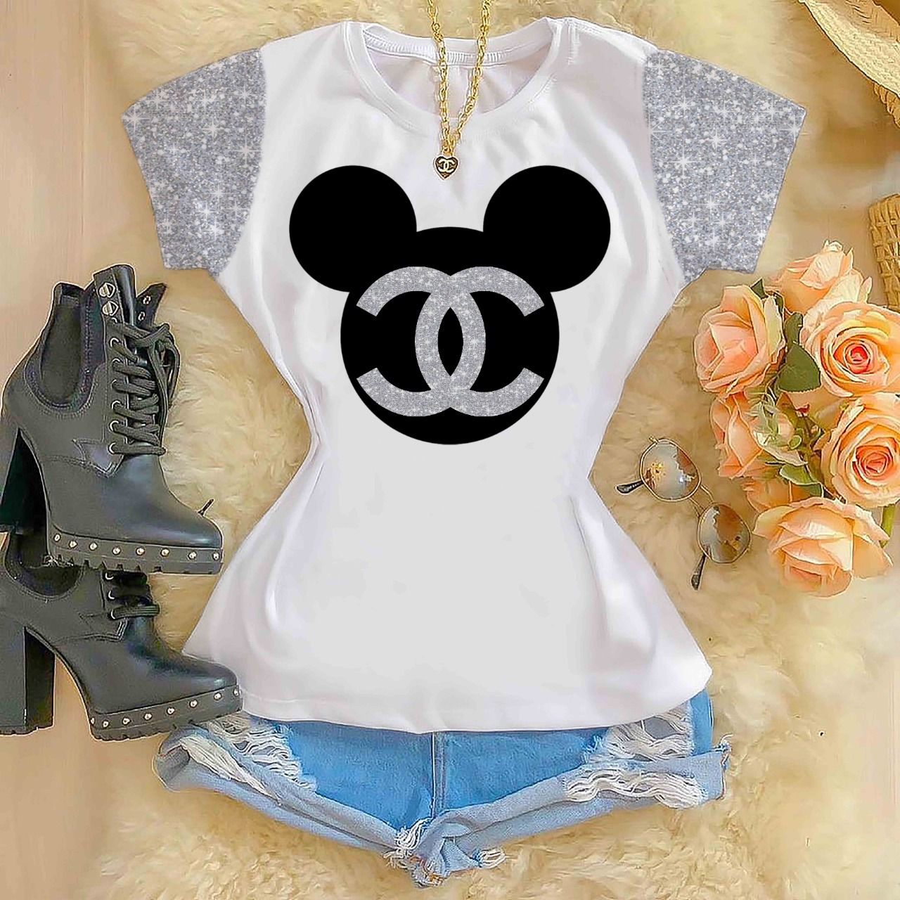 Tshirts feminina estampada Mickey Chanel Prata Manga Estampada Fenix Tshirts